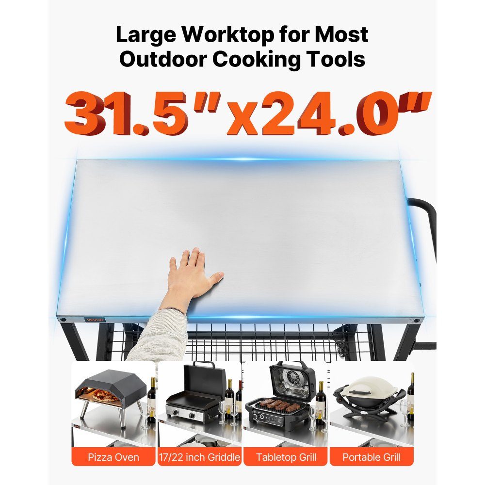 Chariot barbecue extérieur 80 x 61 cm (taille plateau table), table barbecue roulante avec poignée latérale & 2 étagères grillagées & 4 roulettes, table de préparation barbecue, chariot de service pour pique-nique, cuisine, jardin