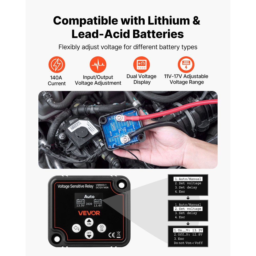 Dual Battery Isolator Relay Kit, 12V 140A 6m 13.3mm² (6AWG) VSR Voltage Sensitive Relay with Voltmeter LCD Screen Battery Isolator Switch Compatible with Lithium Batteries for UTV ATV