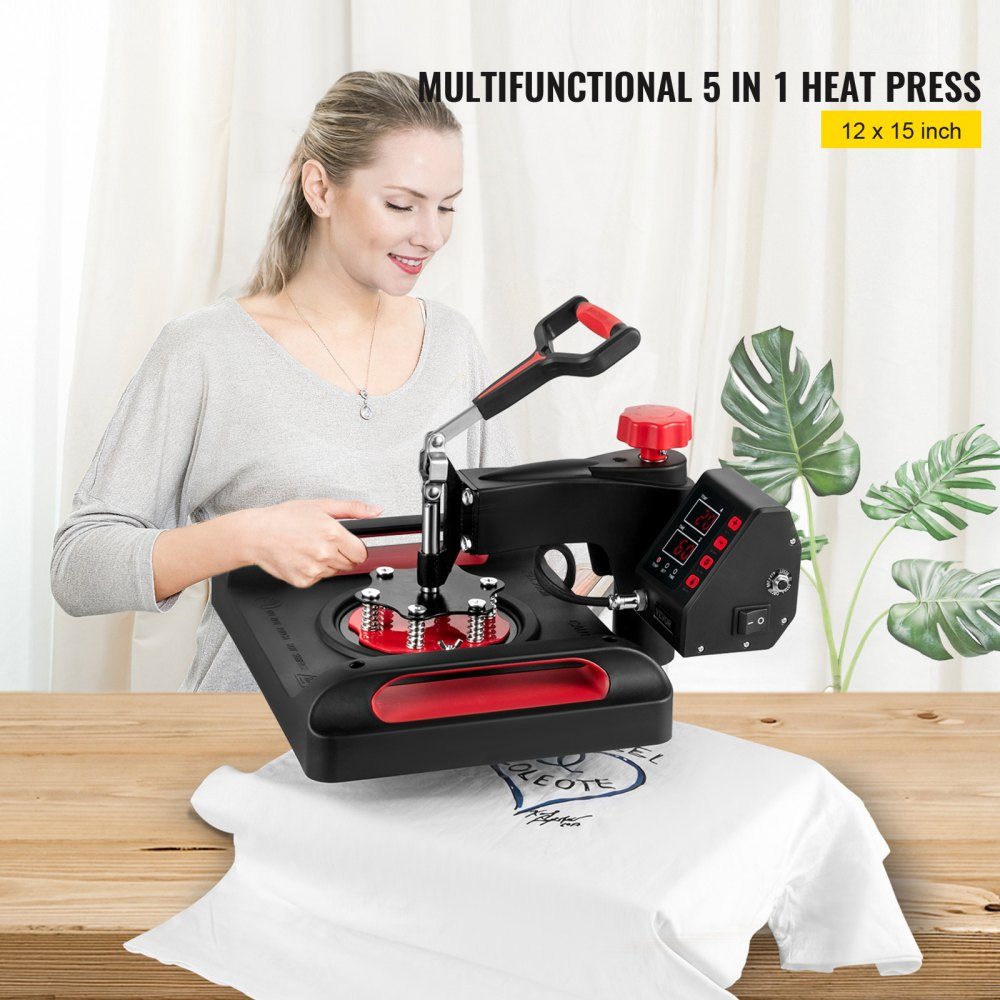 5 in 1 Heat Press 29x38cm T-Shirt Printing Machine 1000W Heat Press Textile Press Red Heat Press 360 Degree Swivel with Digital LED Temperature and Time Control