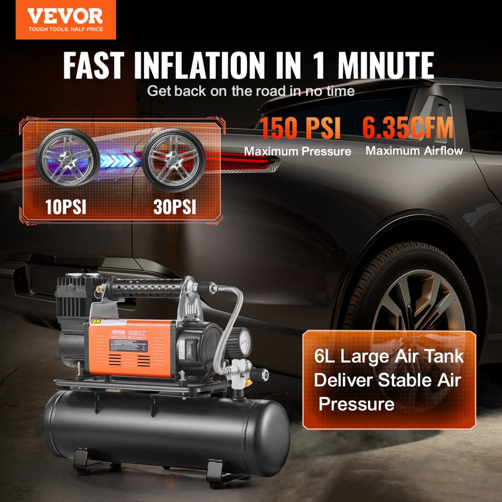 12-V-Hochleistungs-Luftkompressor mit 6-Liter-Tanksatz, 6,35 CFM tragbarer Reifenfüller, 150 PSI Off-Road-Luftkompressor mit digitalem Manometer, Reifenfüller für LKWs, Autos, SUVs, Allradfahrzeuge, Wohnmobile