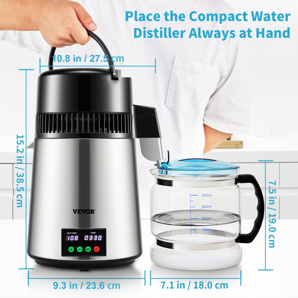 Water Distiller 1L/H Household Silver Water Distiller Make Distilled Water 750W, Double Screen Stainless Steel Distiller System with Glass Jug Distill Pure Water