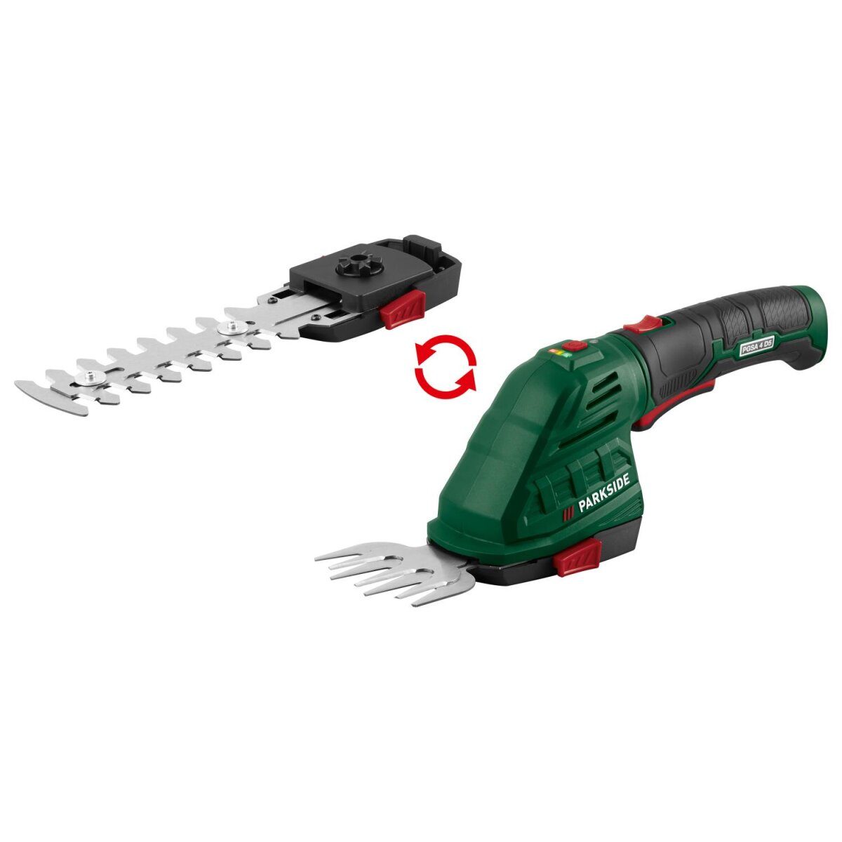 PARKSIDE® 4 V 2-in-1 cordless grass and shrub shears »PGSA 4 D5«, with 180° rotating soft handle