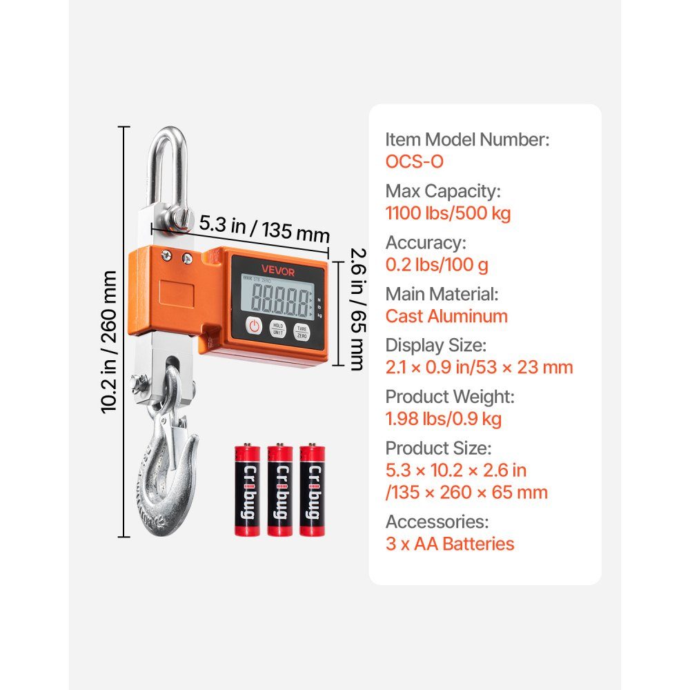 Crane scale 500 kg, digital industrial scale with cast aluminum housing & LCD display, toy scale 100 g graduation & 3 levels, automatic switch-off, hook scale, pull scale for garages, workshops