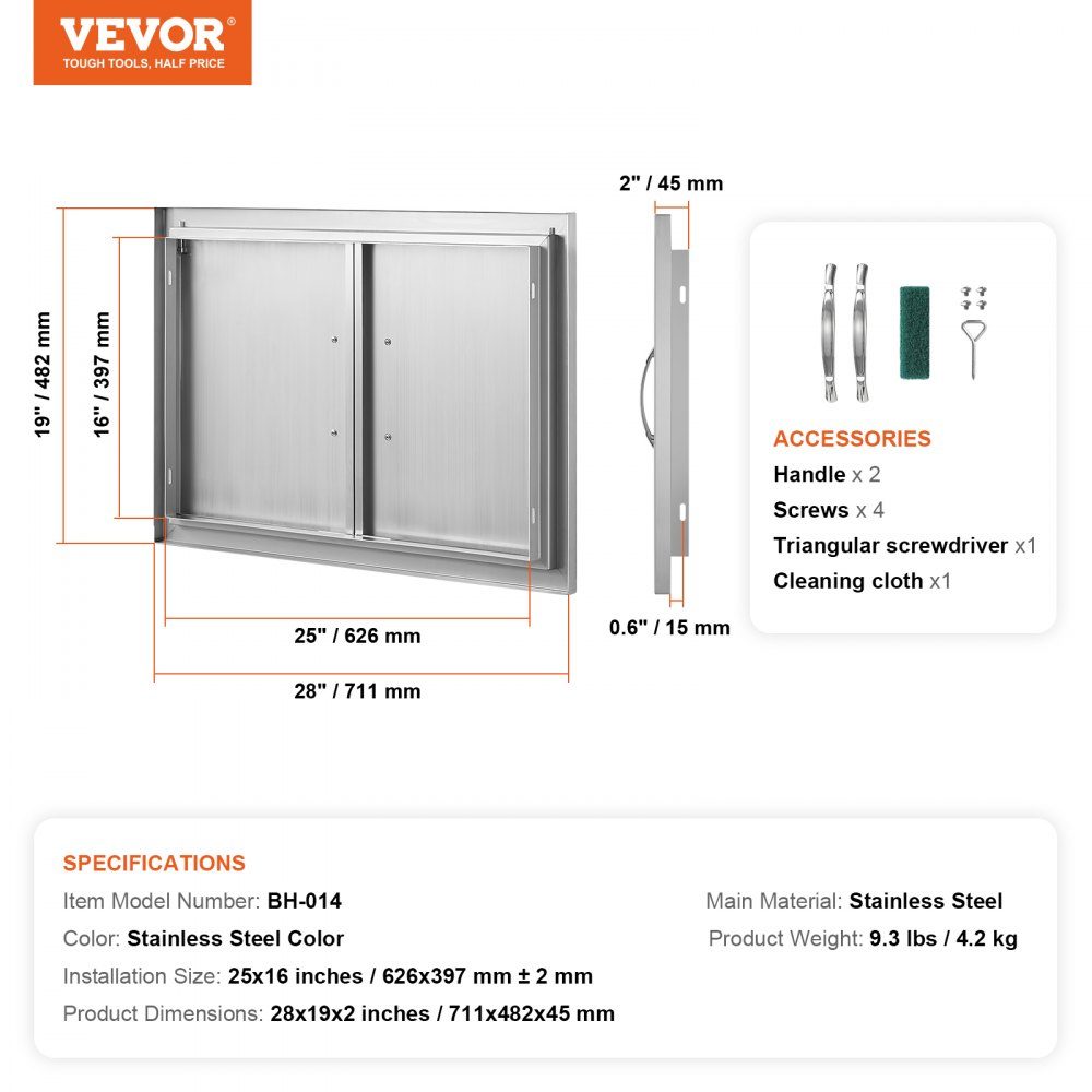 Grill Access Door 711x482mm Double Outdoor Kitchen Door Flush Mount Stainless Steel Door Vertical Wall Door with Handles for Grill Island Grill Station Outdoor Cabinet