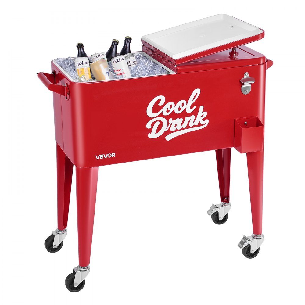 Refrigerated trolley drinks trolley 75.71 L up to 50 bottles/110 cans, side trolley for patio parties with 4 swivel castors (2 with brakes) & collection box for lids & bottle openers, drinks cooler