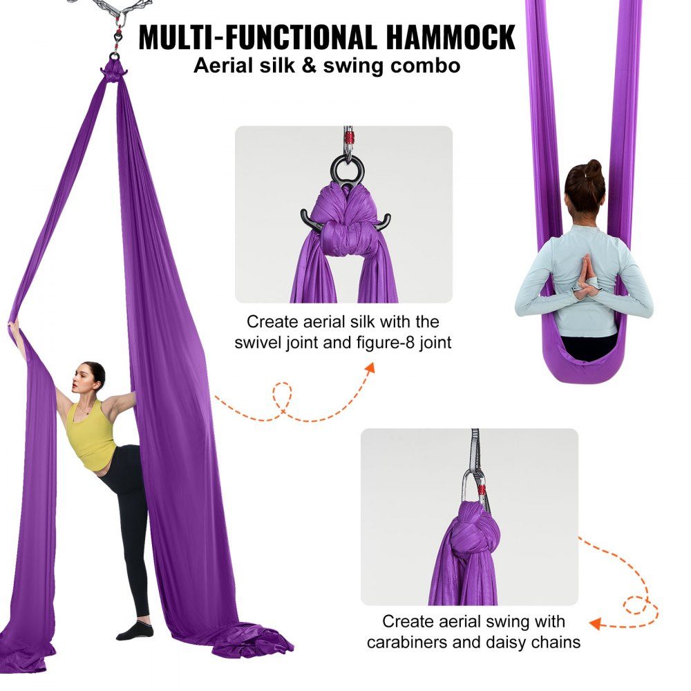 Aerial Yoga Hammock Set 8 x 2.8 m, Purple Aerial Yoga Swing Air Flies, Indoor Aerial Yoga Hammock Swing 1000 kg Max. Load Capacity, Includes Yoga Socks, Steel Carabiner and Aluminum Swivel