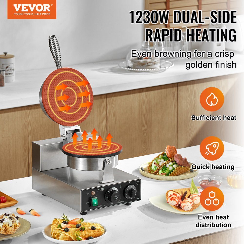 Electric Ice Cream Cone Machine, Commercial Waffle Cone Machine, 1230W Non-Stick Spring Roll Mold with Temperature and Time Control Handle for Restaurant, Bakery, Snack Bar, Family