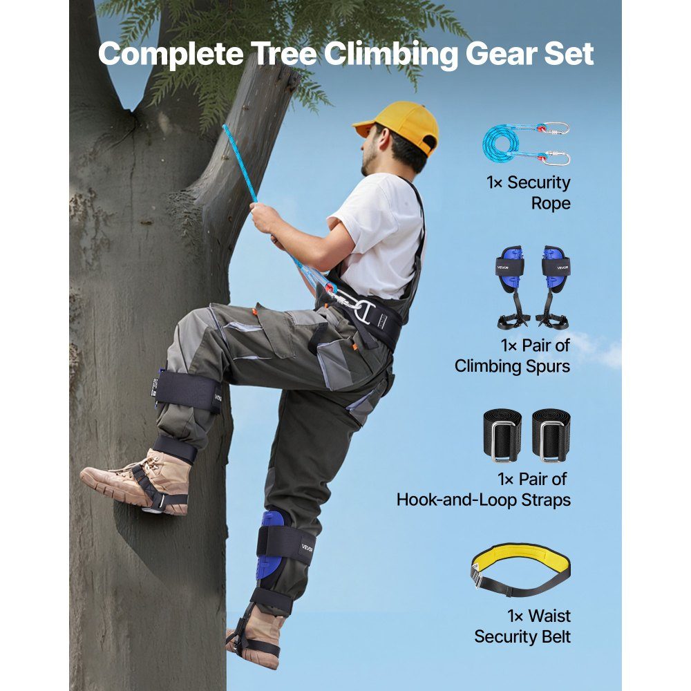 Tree Climbing Tips, Height Adjustable Tree Climbing Equipment with Straps and Waist Belt, Load Capacity 300 lbs, Heavy Duty Steel Crampons, Tree Care Equipment for Fruit Picking and Hunting, Blue
