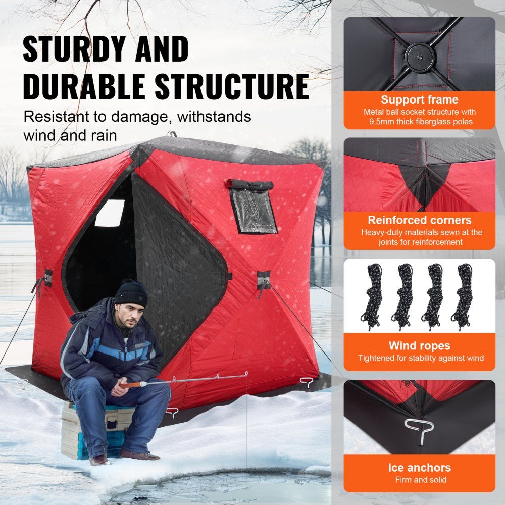 Portable Ice Fishing Tent, Pop Up Ice Fishing Tent for 3-4 People, Fishing Tent, Fishing Umbrella, Thermal Ice Hut for Winter Fishing, Tent with Anchors, Ropes, Carry Bag, 1.8x1.8x2m, Red