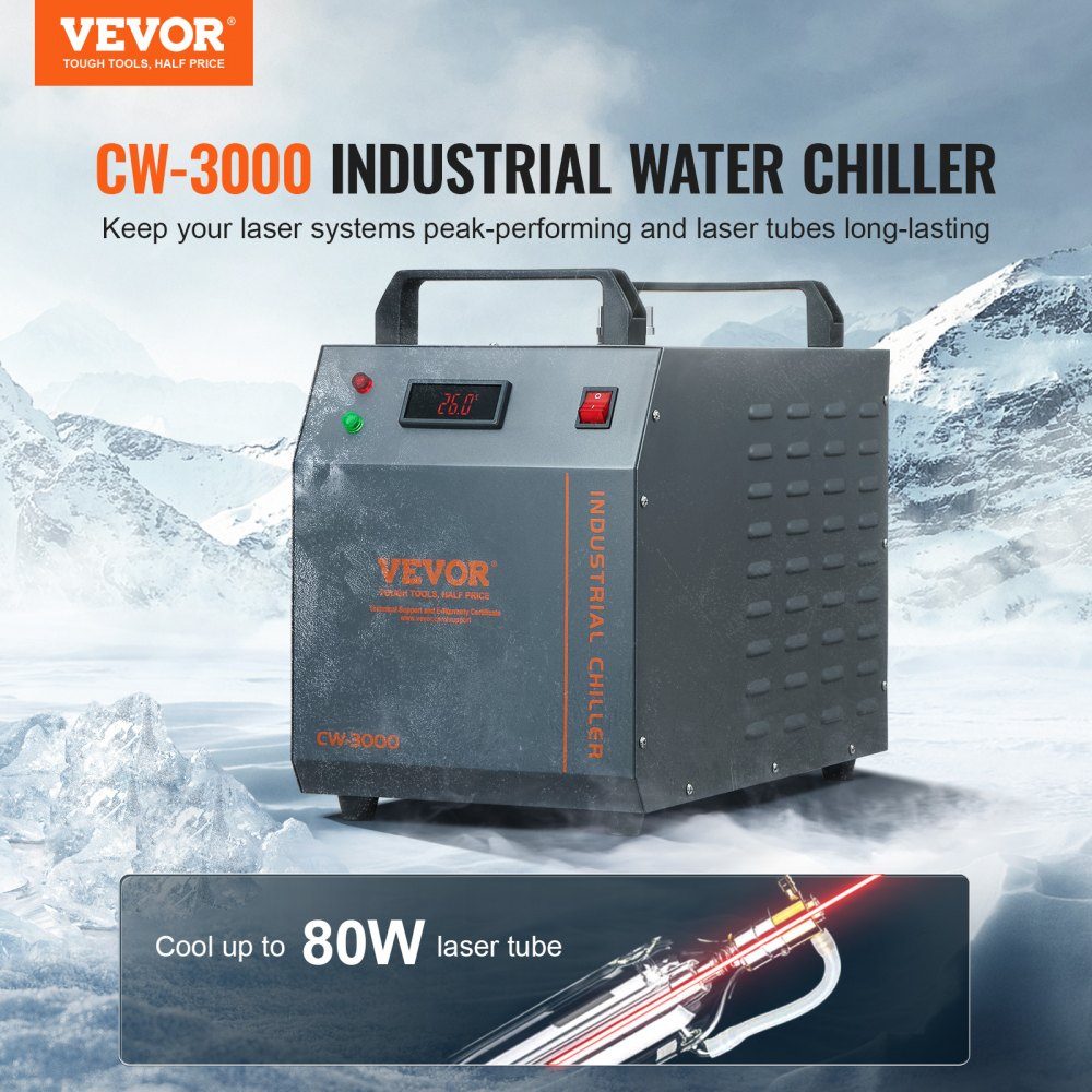 Industrial Water Chiller, CW-3000, 80W Air Cooled Industrial Water Chiller Cooling System with 12L Water Tank Capacity, 12L/min Maximum Flow Rate, for Laser Engraving Machine Cooling Machine