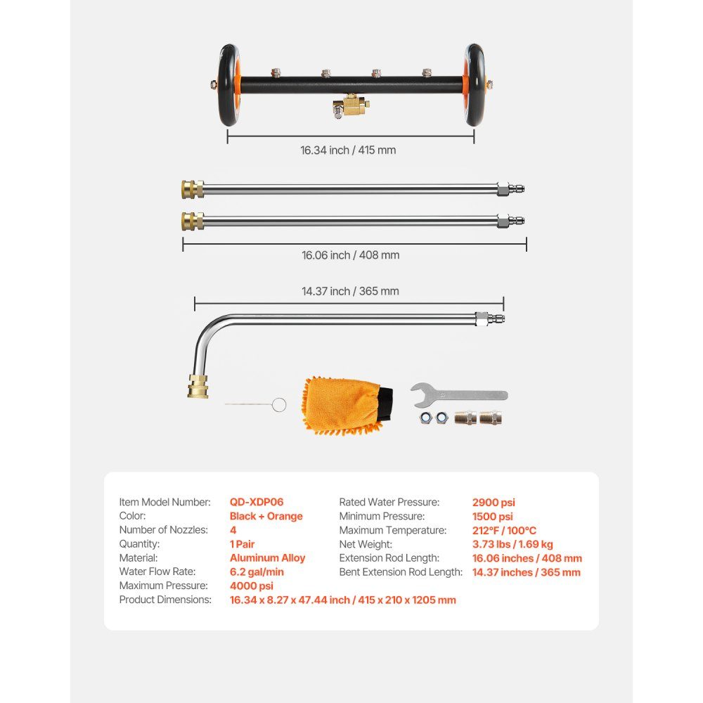 415mm Pressure Washer Underbody Cleaner, Stainless Steel Surface Cleaner, 4000 Max PSI, Angle Adjustment Gear, 4 Spray Nozzles, 2 Extended Bars for Driveway, Patio, Deck