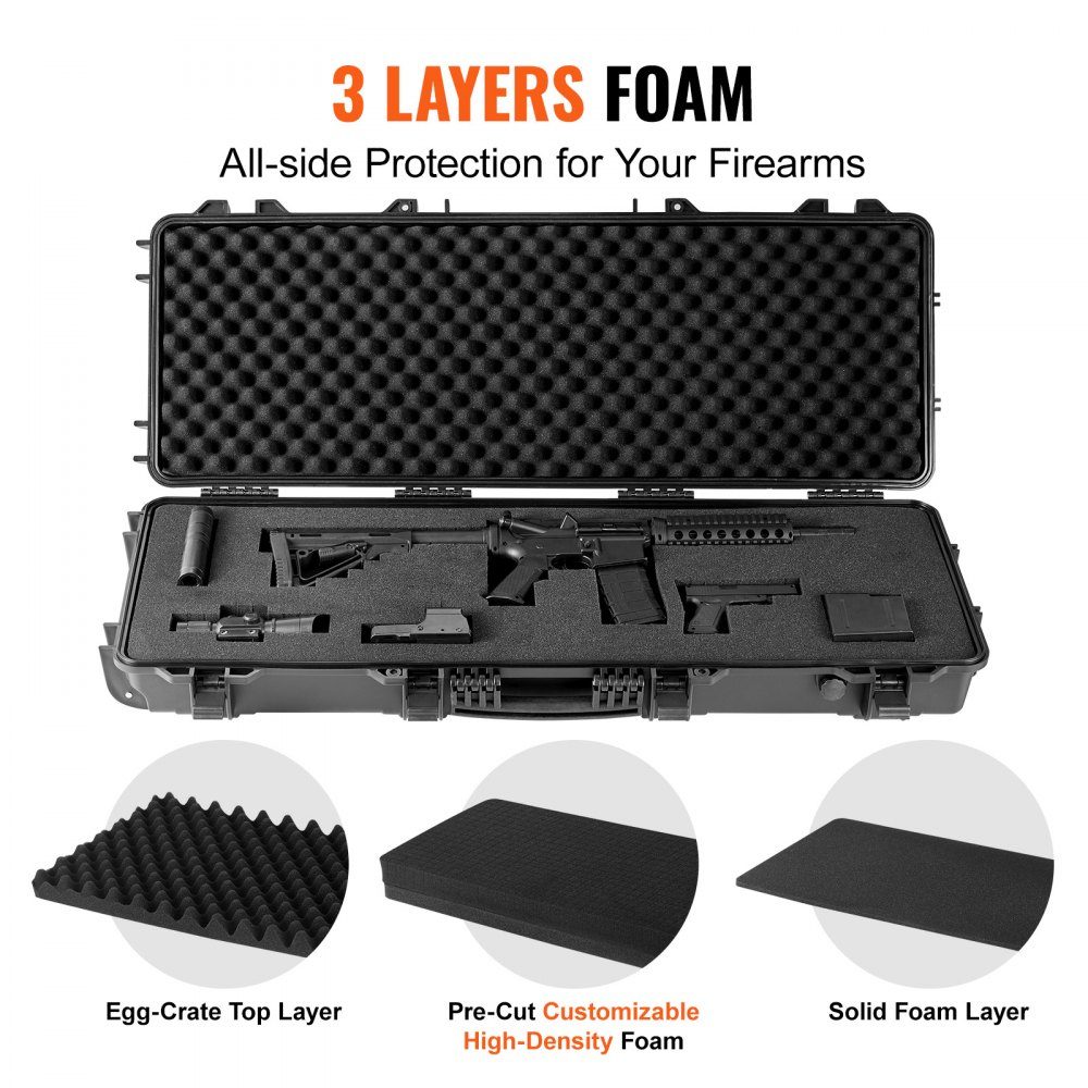 Rifle hard case with 3 layers of fully protective foam, lockable hard gun case, waterproof & rollable long gun case, for 109 cm rifles or shotguns