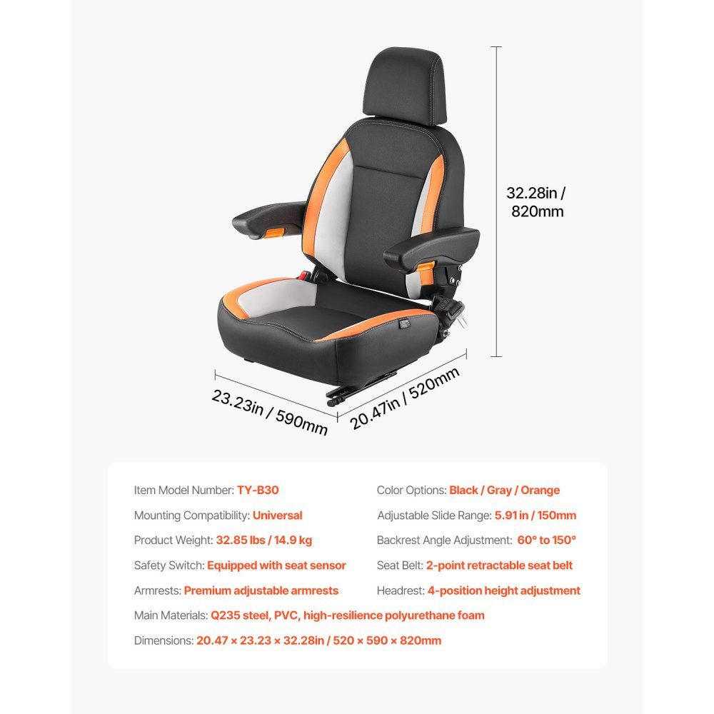 Universal forklift seat 520 x 590 x 820 mm, tractor seat, tractor seat, tractor seat, forklift seat, safe tractor seat with micro switch, ergonomic lawn mower seat for skid steer, bulldozer