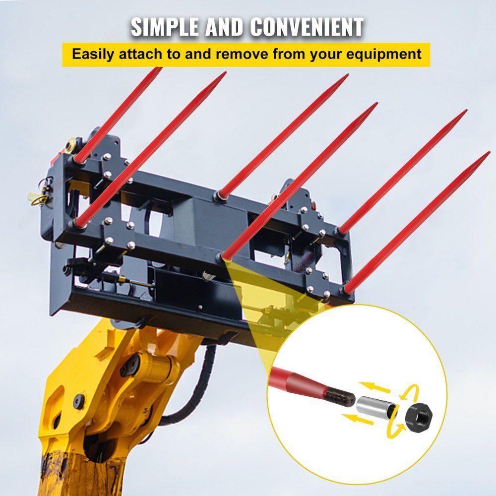 Front loader tines 125 cm, bale tines 2041 kg load capacity, bale spike quick attachment, red coated bale forks, with hexagon nut and sleeve for shovels, tractors, loaders