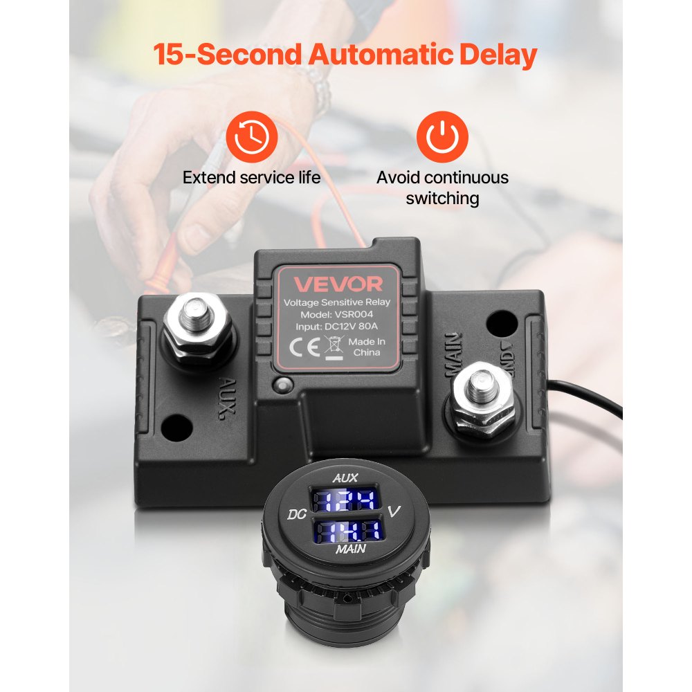Dual Battery Disconnect Relay Kit, 12V 80A 0.6m 13.3mm² (6AWG) VSR Voltage Sensitive Relay with Voltmeter LCD Screen Battery Isolator Switch Compatible with Lead Acid Batteries for UTV ATV