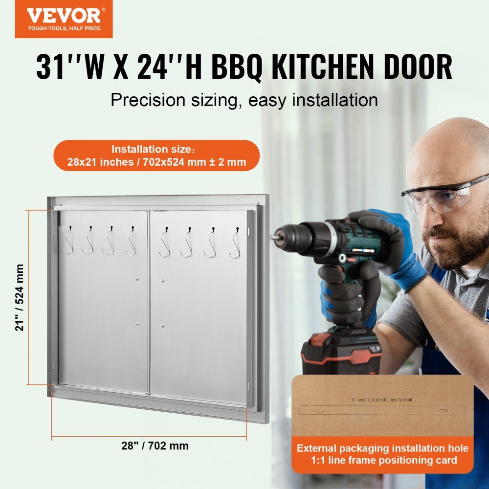 Porte d'accès au gril 787x609mm Double porte de cuisine extérieure encastrée en acier inoxydable Porte verticale à double paroi avec poignées et crochets pour Grill Island Grill Station Armoire extérieure