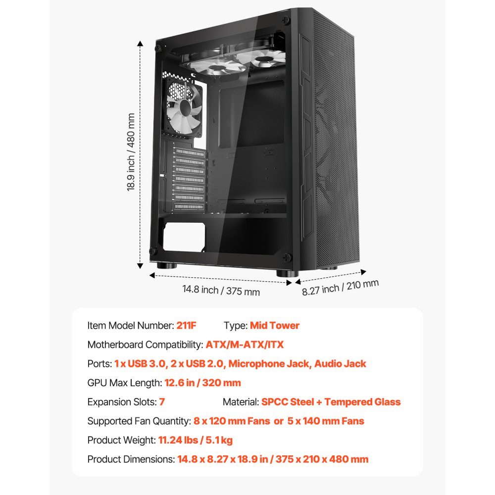 PC Gaming Case, Mid-Tower, High Airflow Tempered Glass Panel, Dust Filter, 3x 120mm ARGB Fans, Cable Management, for GPUs up to 320mm Length, for ATX / M-ATX / ITX