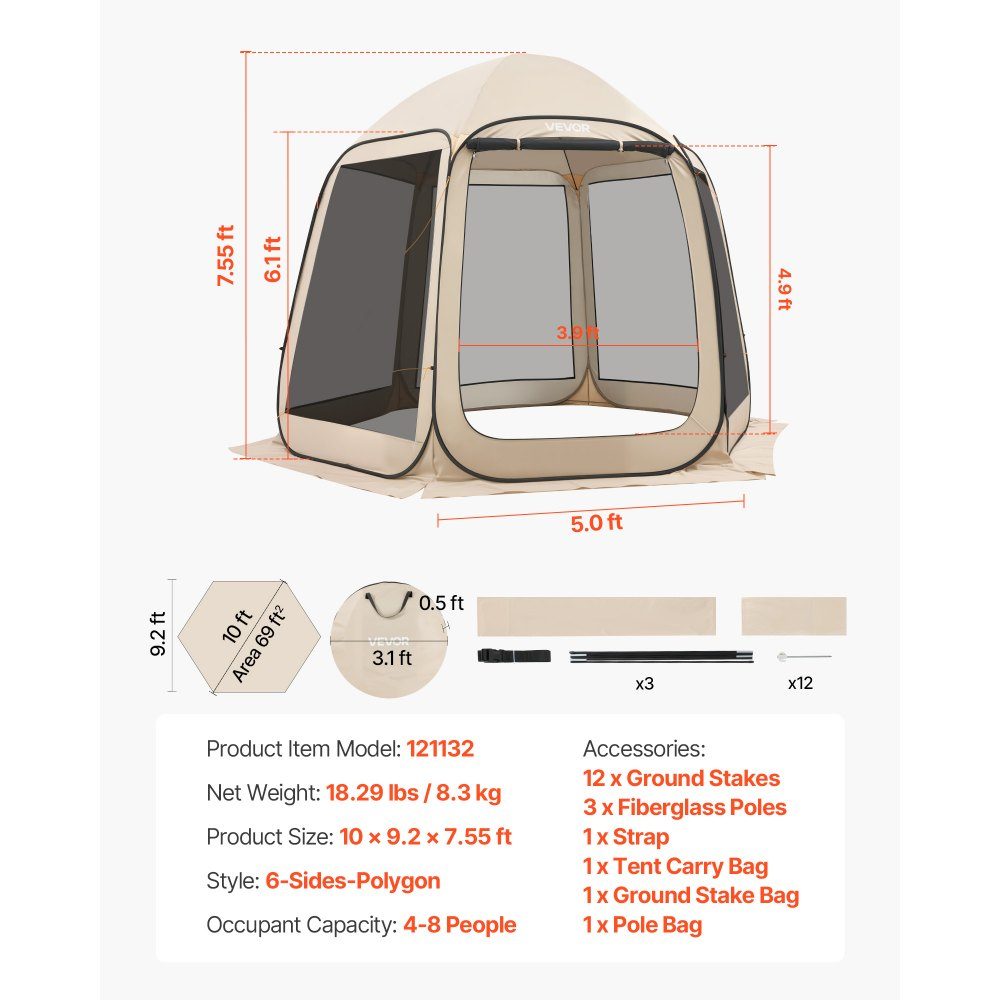 Pop-up tent 3304,8 x 280,4 cm, kampeertent voor 4-8 personen, partytent inclusief draagtas, zijwanden van gaas en haringen, voor tuin, terras en buitenactiviteiten, beige
