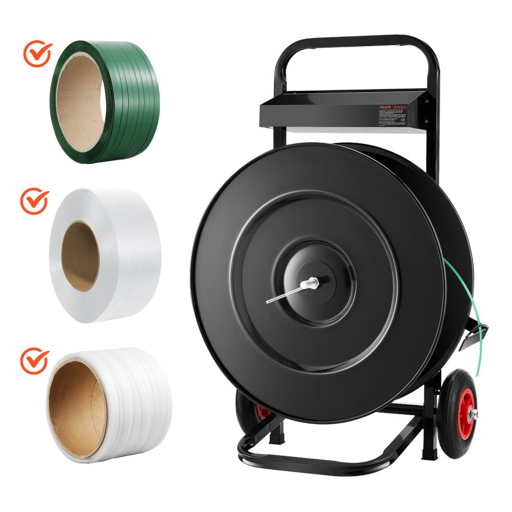 Distributeur, adapté aux rouleaux de cerclage PET/PP/polyester mit 203/406 mm, distributeur de cerclage avec système de freinage amélioré, espace de rangement spacieux intégré pour les outils