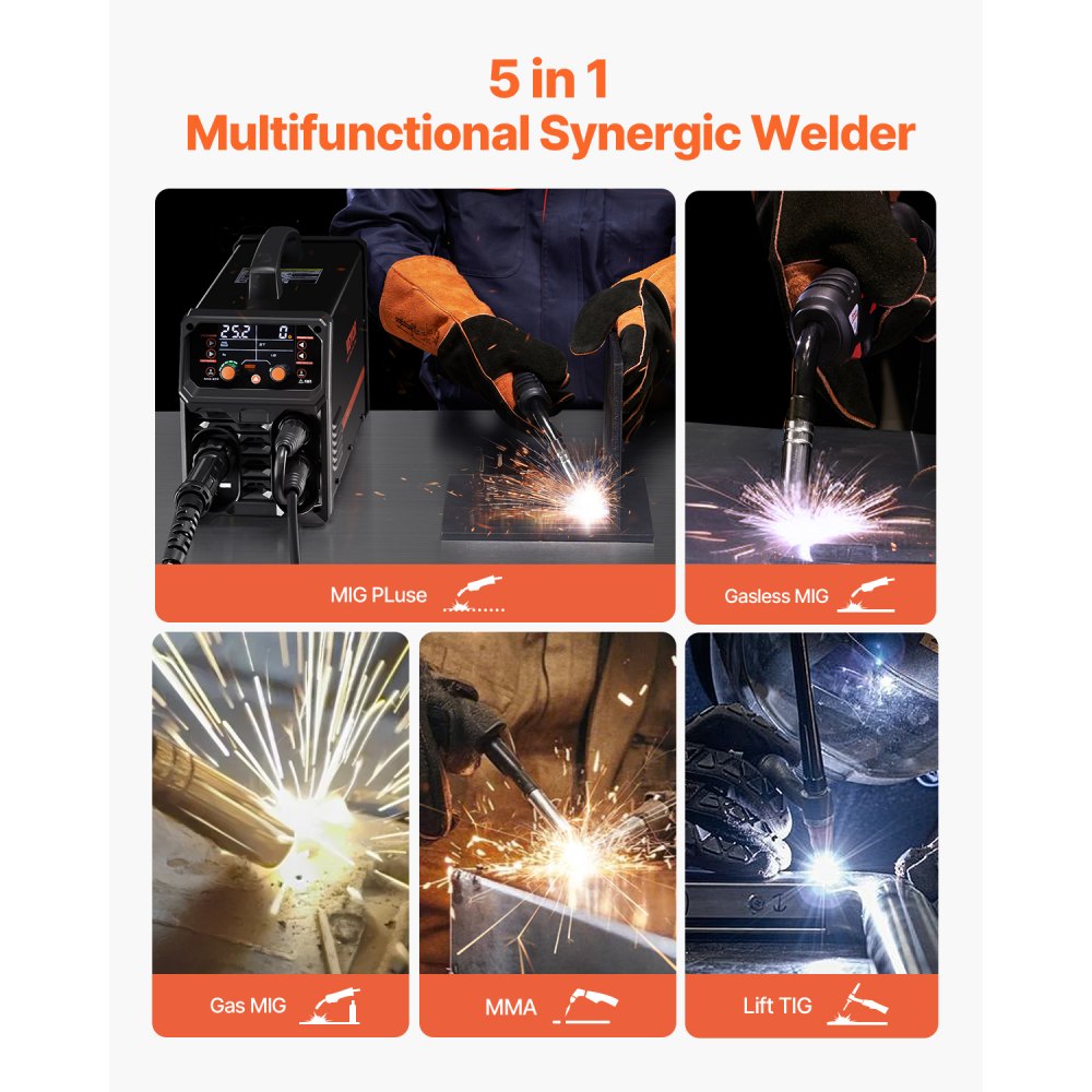 Pro MIG Welder, 250 Amp Pluse MIG Welder, 5-in-1 Synergy Welder Gasless MIG, Gas MIG, MMA, Lift TIG, MIG Pluse with IGBT inverter technology and LCD screen display
