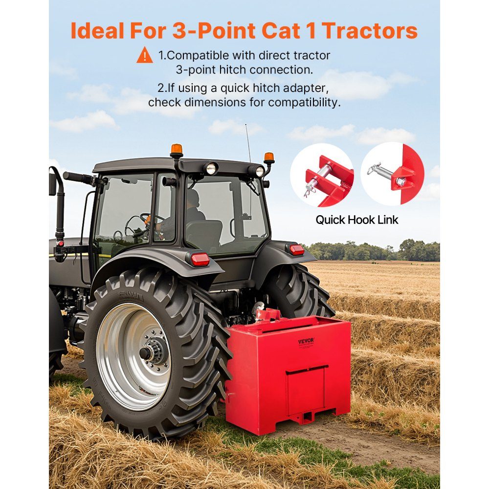 Trailer hitch ballast, 3-point tractor ballast box category 1 with a load capacity of 363 kg, for 5.6 cm trailer hitch, steel large capacity loader attachment with sliding door, red
