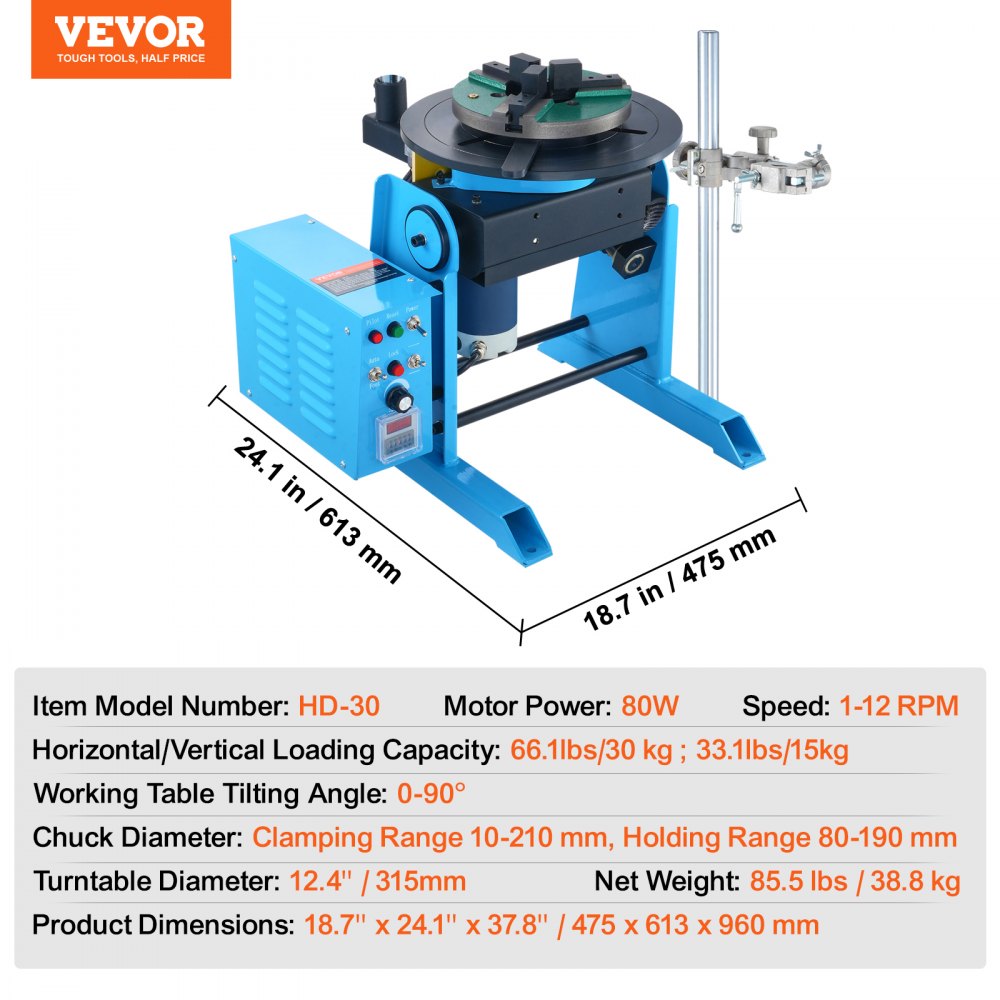 Lasdraaitafel 80 W laspositioneerder 1-12 rpm manipulator 30 kg (horizontaal)/15 kg (verticaal) draaitafel 0-90° kantelhoek KD200 drieklauwplaat voor snijden, slijpen, monteren Lasdraaitafel 80 W laspositioneerder 1-12 rpm manipulator 30 kg (horizontaal)/15 kg (verticaal) draaitafel 0-90° kantelhoek KD200 drieklauwplaat voor snijden, slijpen, monteren