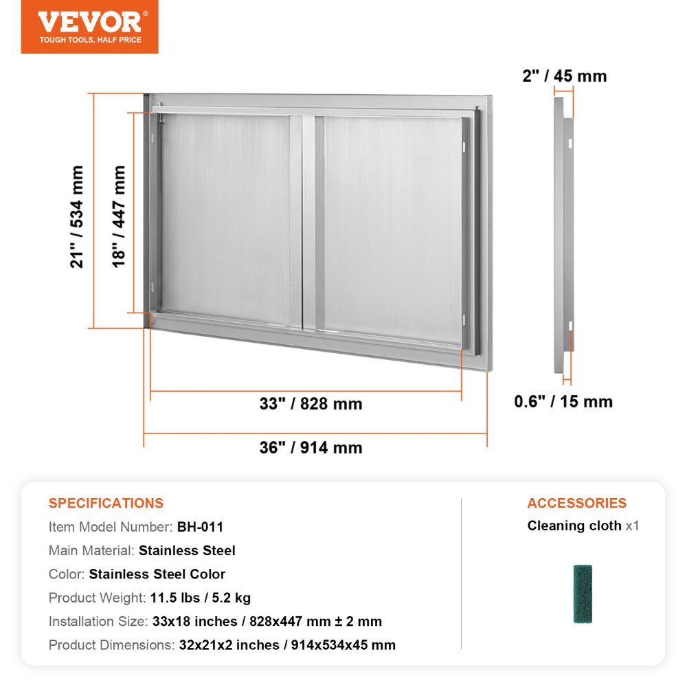 Grilltoegangsdeur 914x534mm Dubbele buitenkeukendeur Inbouw roestvrijstalen deur Verticale muurdeur met intrekbare handgrepen voor grilleiland Grillstation Buitenkast