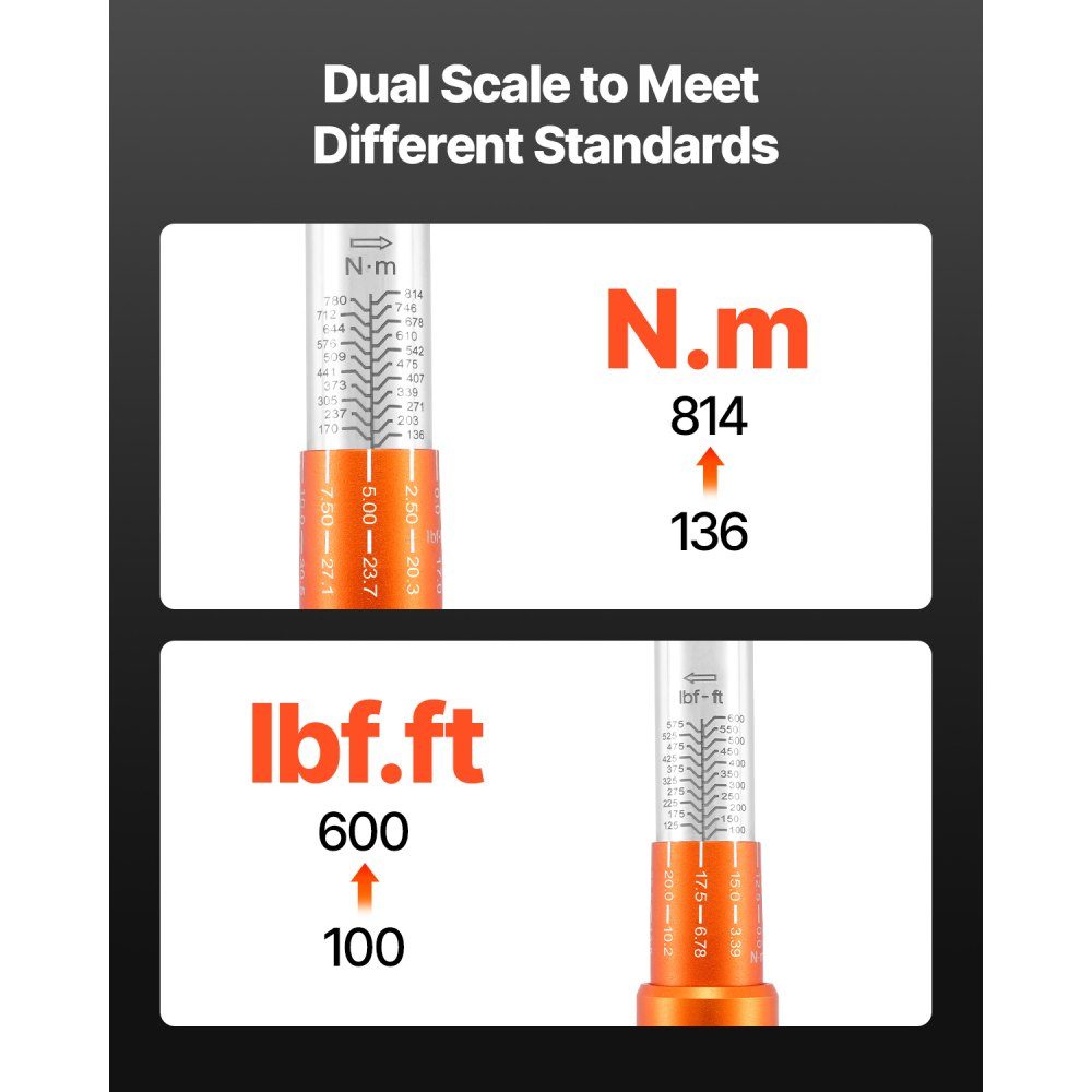 Click Torque Wrench 3/4" Drive 136-814N.m Two Way Torque Wrench Set with Dual Range Scales 48 Teeth ± 3% High Precision Alloy Steel for Car Repair Orange