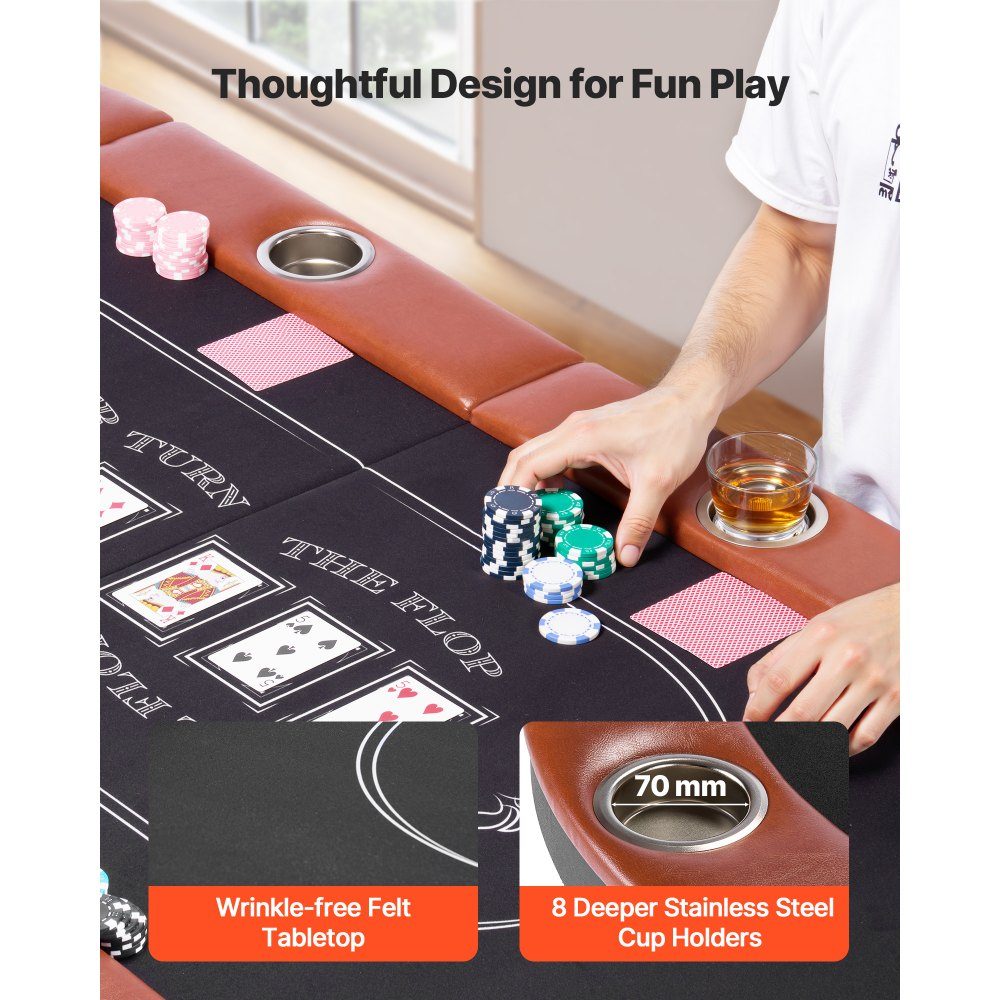 Klappbarer Pokertisch für 8 Spieler (72 Zoll), Casino-Freizeittisch mit gepolsterten Schienen und Getränkehaltern, ovale tragbare Spieltische mit Filz- und Metallbeinen, Texas Hold'em Poker