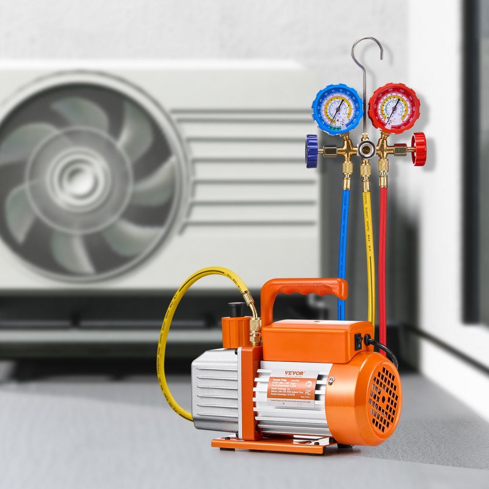 3,5 CFM AC-Vakuumpumpe und Manometer-Kit, einstufige Drehschieber-HVAC-Luftvakuumpumpe, A/C-Kältemittelverteiler-Manometer-Kit, mit Schläuchen, Klimaanlagenkühlung für R134a, R12, R22, R502a
