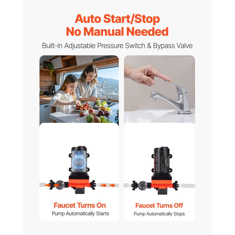 Membranpumpe, 12 V DC, 18,9 l/min, selbstansaugende 4-Kammer-Membran-Wasserpumpe mit automatischem Druckschalter, 4,8 bar Druck für Wohnmobil, Wohnwagen, Schiff, Yacht, Autowäsche