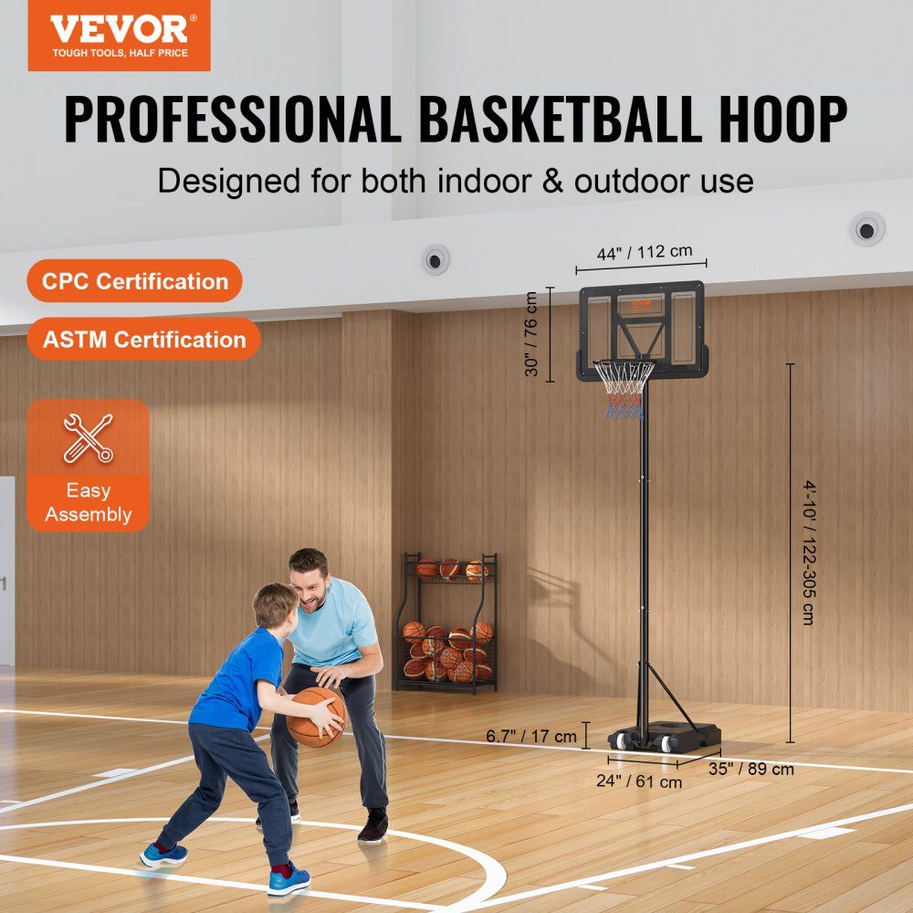Panier de basket-ball d'extérieur, support de basket-ball réglable en hauteur de 122 à 305 cm, système de basket-ball noir résistant aux intempéries et à la rouille, support de panier de basket avec mobile à eau ou à sable