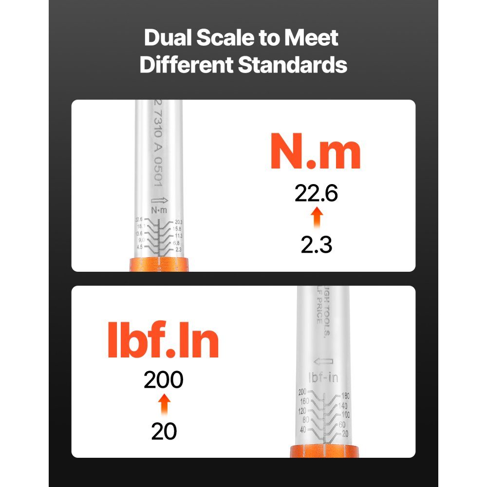 1/4" Drive Click Momentsleutel 2,3-22,6 Nm Tweeweg Momentsleutelset met Dual Range Schalen 72 Tanden ±3% Hoge Precisie Gelegeerd Staal voor Autoreparatie