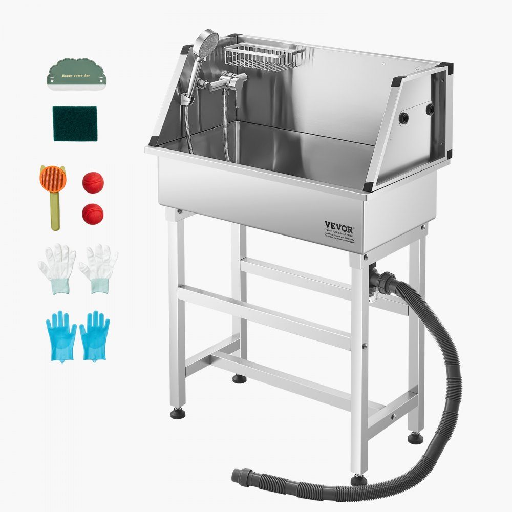 Stainless Steel Dog Washing Station, 870 x 490 x 1225mm Pet Grooming Tub with Faucet, Shower Head, Soap Holder and Toy Balls, Multi-Pet Bathtub, Home Sink