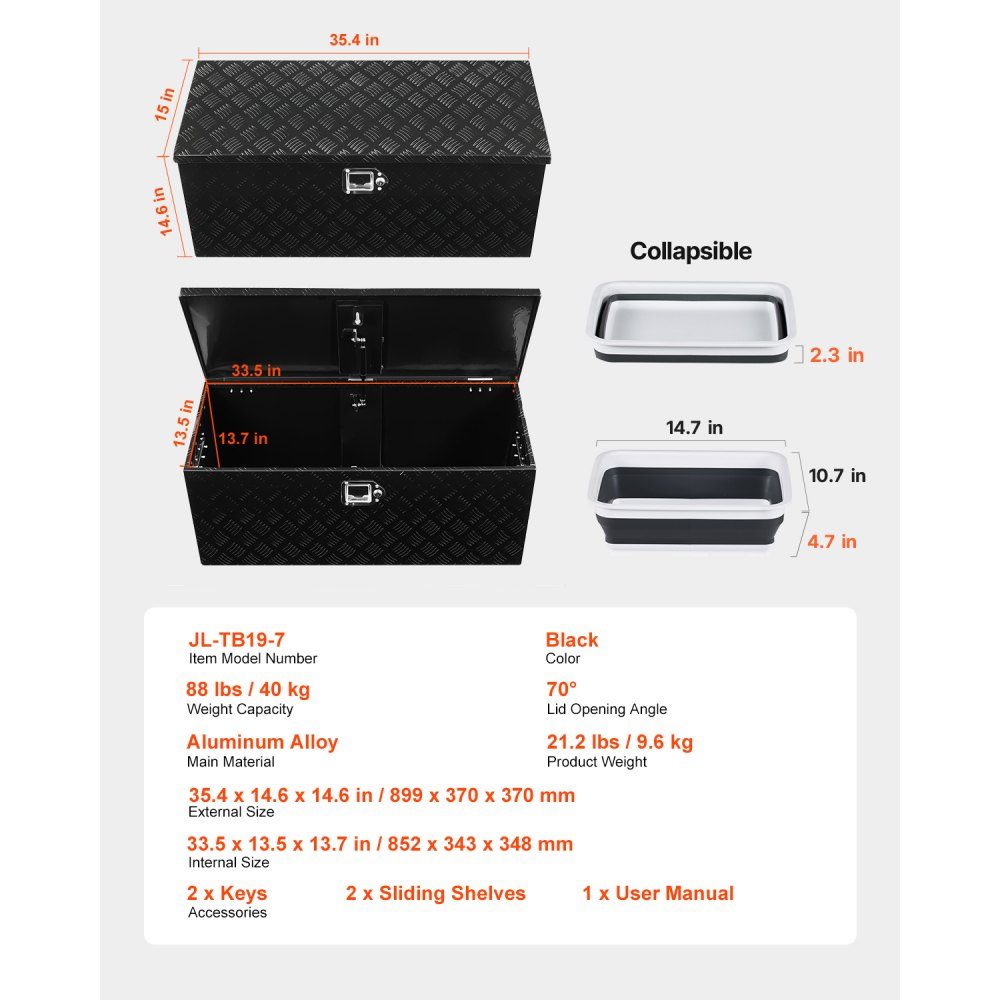 Aluminum Truck Bed Tool Box Striped Tool Box (899x370x370mm) with Side Handle and Pull Out Shelf Trailer Storage Organizer Black