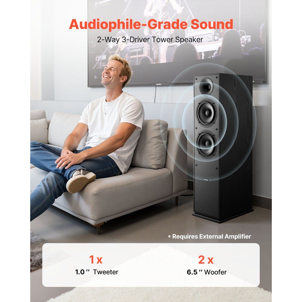 Passive floorstanding speaker pair, 2-way, with 1" tweeter, two 6.5" woofers, 400W peak power, 65Hz-20kHz frequency response, robust MDF housing, for home audio, pair