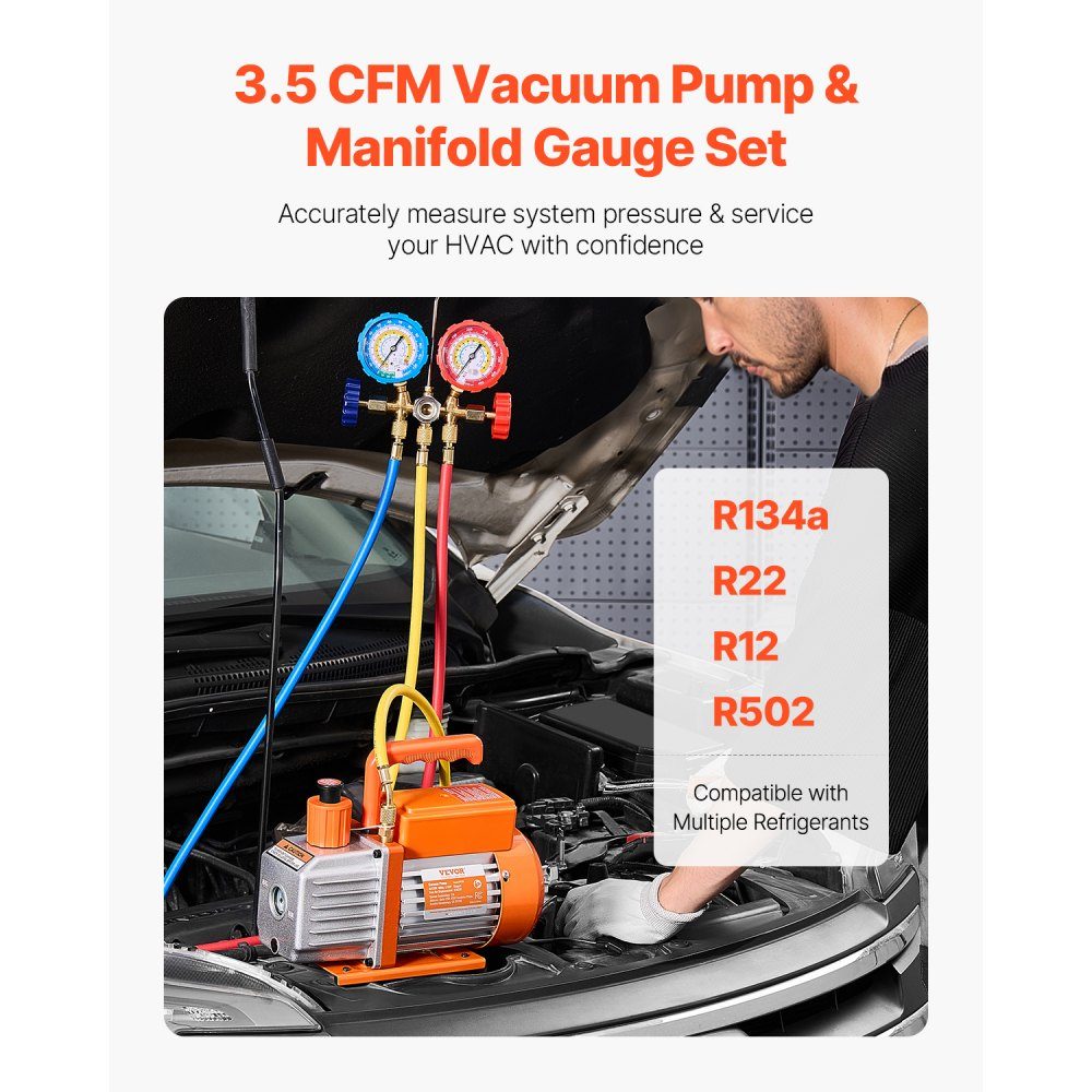 3,5 CFM AC-Vakuumpumpe und Manometer-Kit, einstufige Drehschieber-HVAC-Luftvakuumpumpe, A/C-Kältemittelverteiler-Manometer-Kit, mit Schläuchen, Klimaanlagenkühlung für R134a, R12, R22, R502a