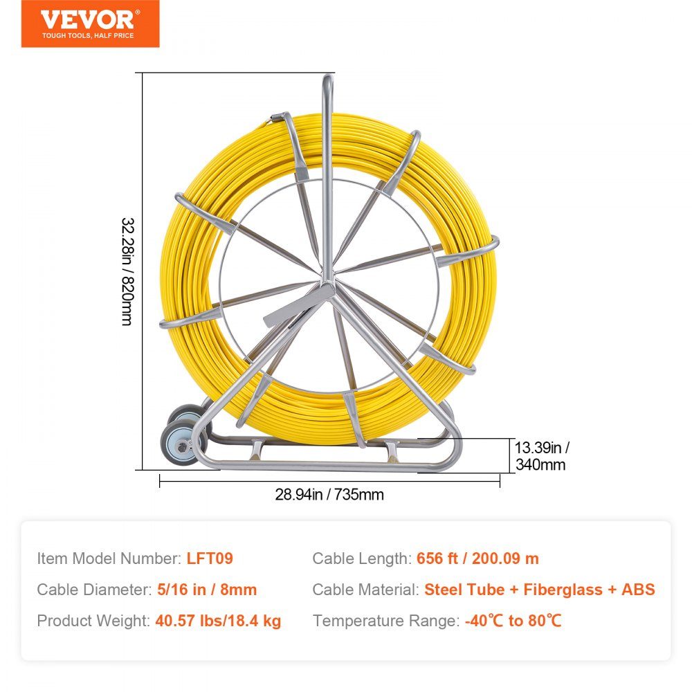 Retractable Tape 200m 5/16" Pipe Puller Retractable Tape Wire Puller Cable Management Rod with Steel Reel Stand 3 Pull Heads Fishing Tool for Walls and Electrical Wires Non-Conductive
