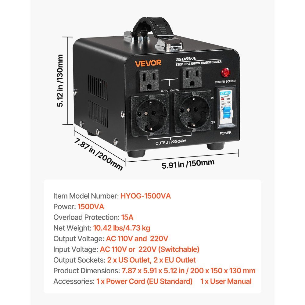 Voltage Converter Transformer, 1500VA step-up/step-down power transformer, 110V to 220V and 220V to 110V conversion, with US and EU sockets, power cord, circuit breaker