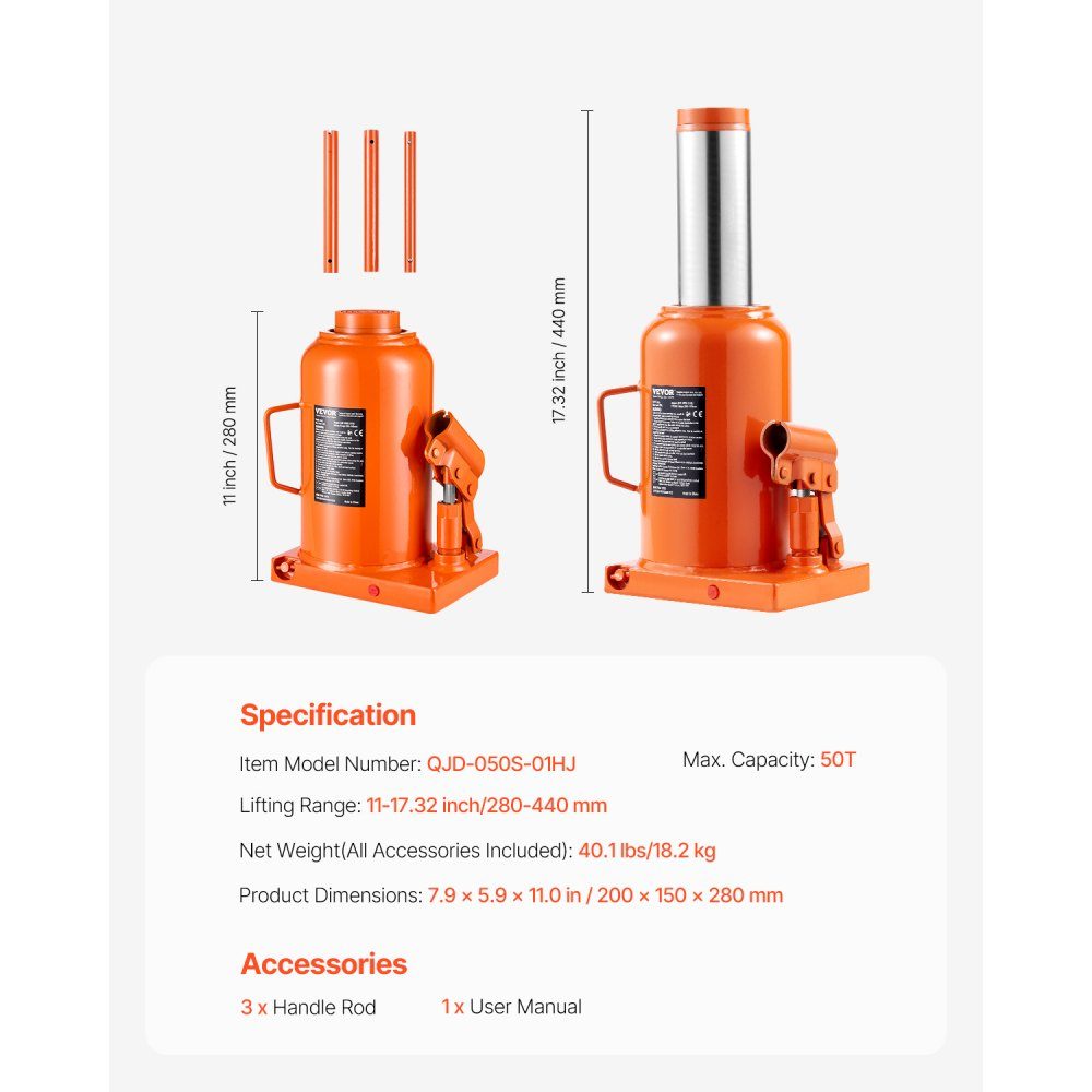 Hydraulic Jack, 50 Ton Stamp Jack, Bottle Jack with 28-44cm Lift Range and 3 Piece Long Handle for Car Pickup Truck RV Car Repair Industrial Engineering
