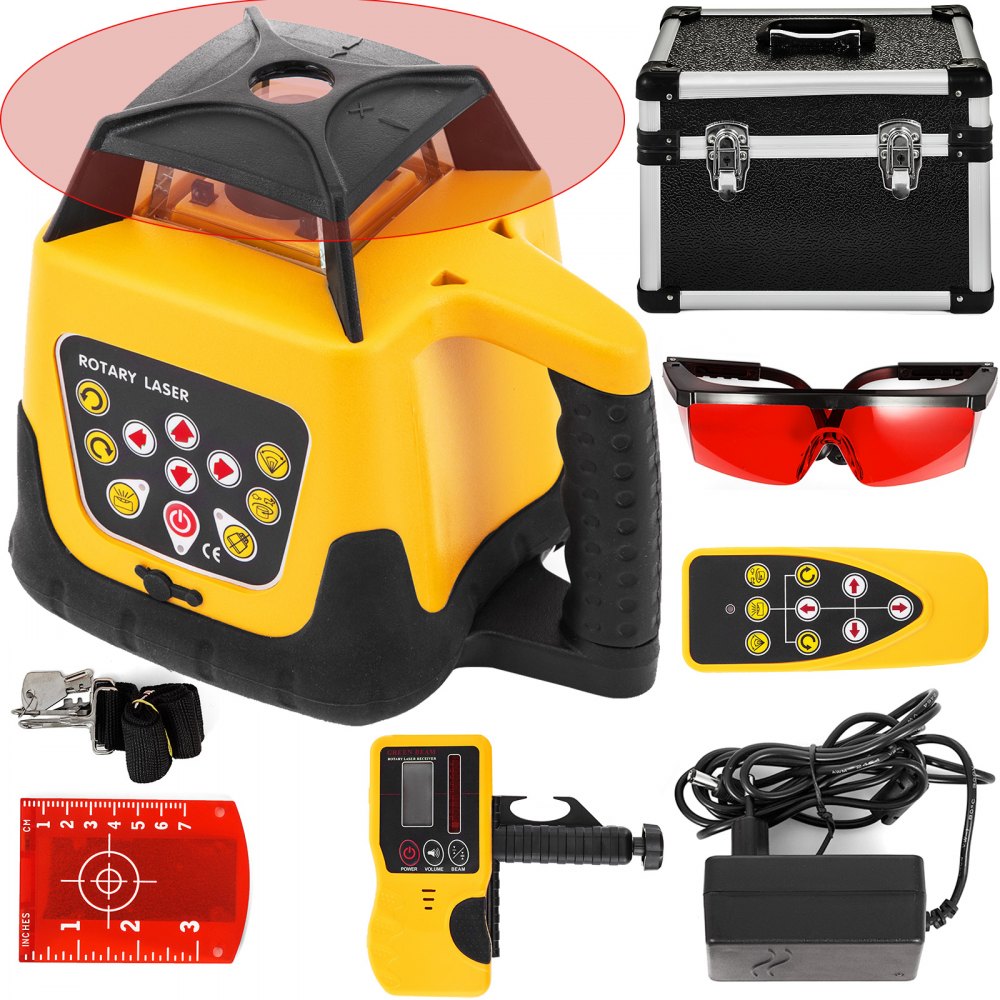Laser rotatif professionnel rouge max. portée de travail 100 m, niveau à bulle laser rotatif 360, étanche à l'eau et à la poussière, utilisation en extérieur, temps de travail 20 heures, dans une mallette d'artisan, télécommande 2 kg, mallette jaune Laser rotatif professionnel rouge max. portée de travail 100 m, niveau à bulle laser rotatif 360, étanche à l'eau et à la poussière, utilisation en extérieur, temps de travail 20 heures, dans une mallette d'artisan, télécommande 2 kg, mallette jaune