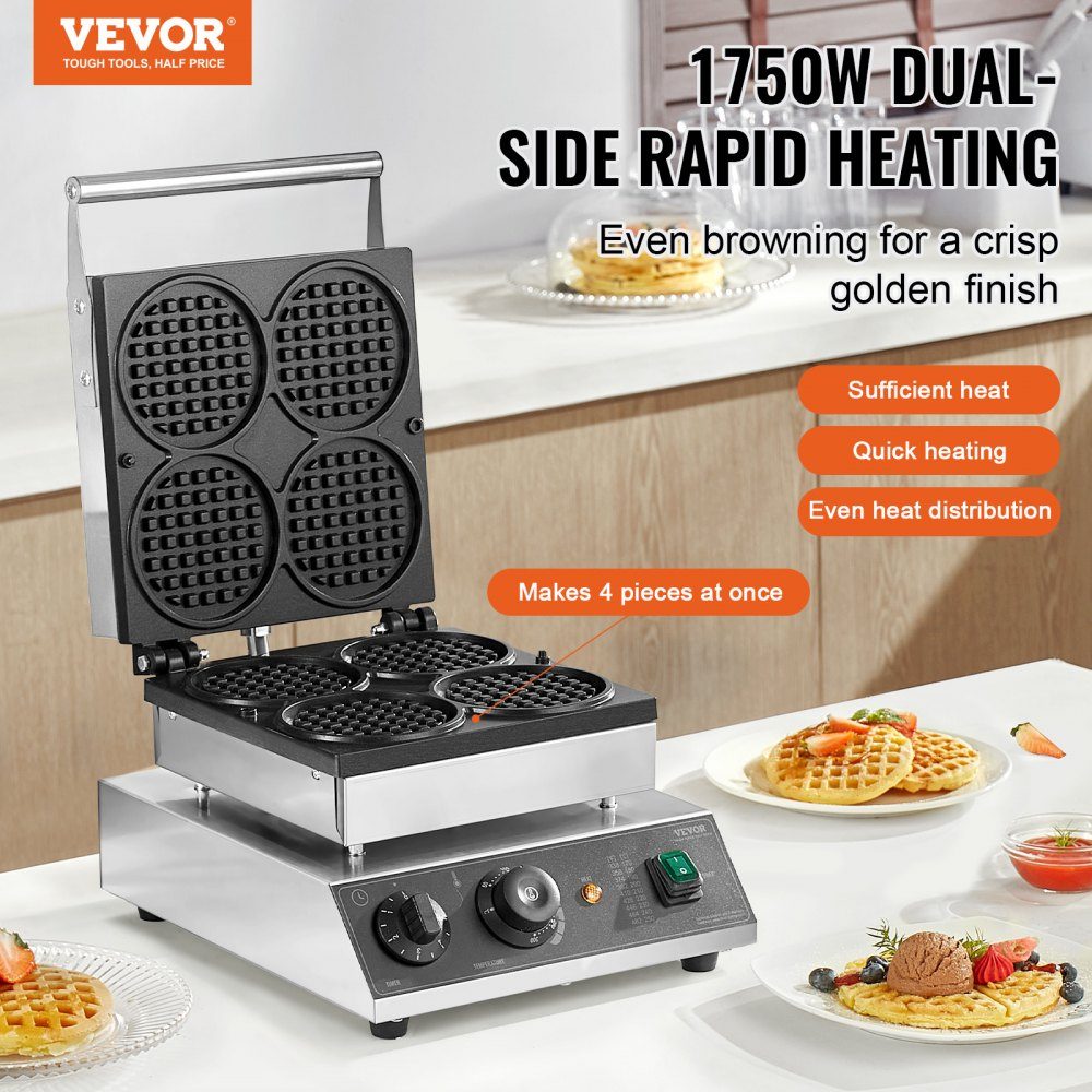 Commercial Waffle Maker Waffle Maker 1750W Non-Stick Stainless Steel Belgian Waffle Maker with Temperature and Time Control for Restaurant Bakery Snack Bar 4 Round Waffles