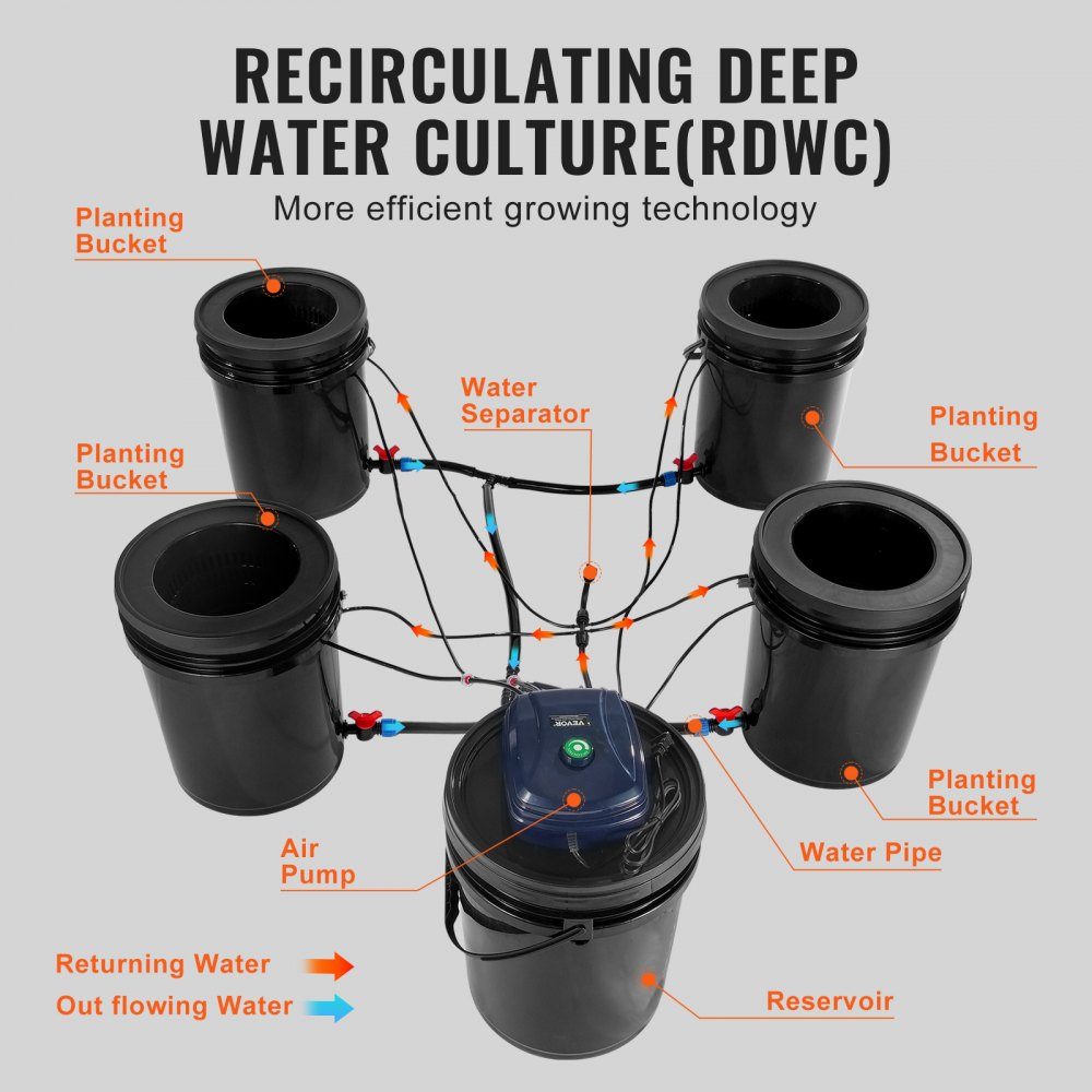 RDWC Hydroponic Growing System, Hydroponic Growing Kit with Drip Top, Circulation Deep Water Culture, 4 Buckles and 1 Reservoir, with Air Pump and Water Level Indicator for Leafy Vegetables