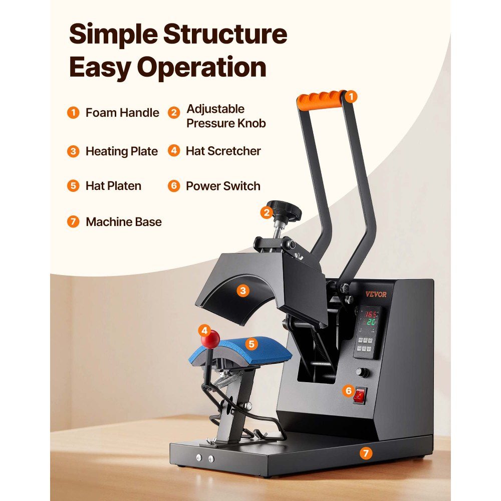 Hat Heat Press, 4 in 1 Cap Heat Press, 6 x 3 Inch Folding Cup Sublimation Transfer, LCD Digital Timer Temperature Control with 4 Curved Heating Elements (6 x 3/6.7 x 2.7/6.7 x 2.7 x 2.7 cm)
