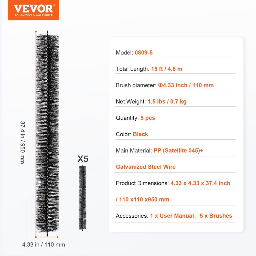 Dachrinnenbürste, 4,6 m Gesamtlänge, φ110 mm, Dachrinnenreinigungswerkzeug, Laubschutz für 5-Zoll-Dachrinnen, entfernt leicht Blätter und Schmutz vom Dach, 5er-Pack