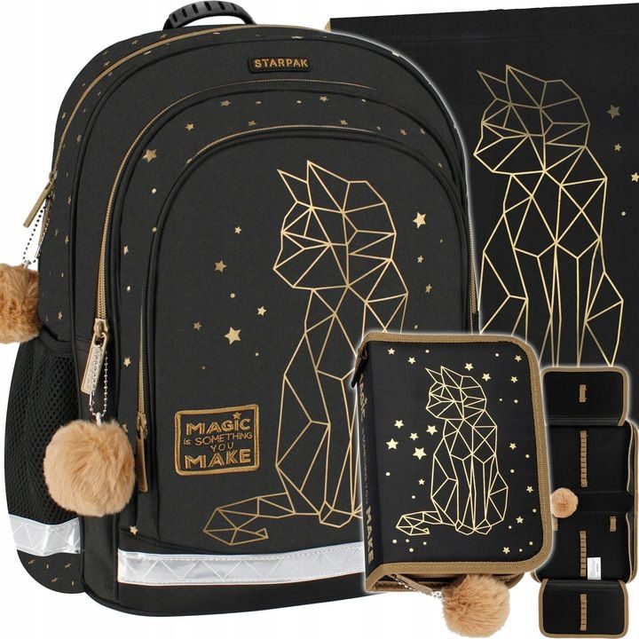 Schulrucksack für Mädchen - Schwarz/Gold mit Katzenmotiv, 3-teilig, Klasse 1-3