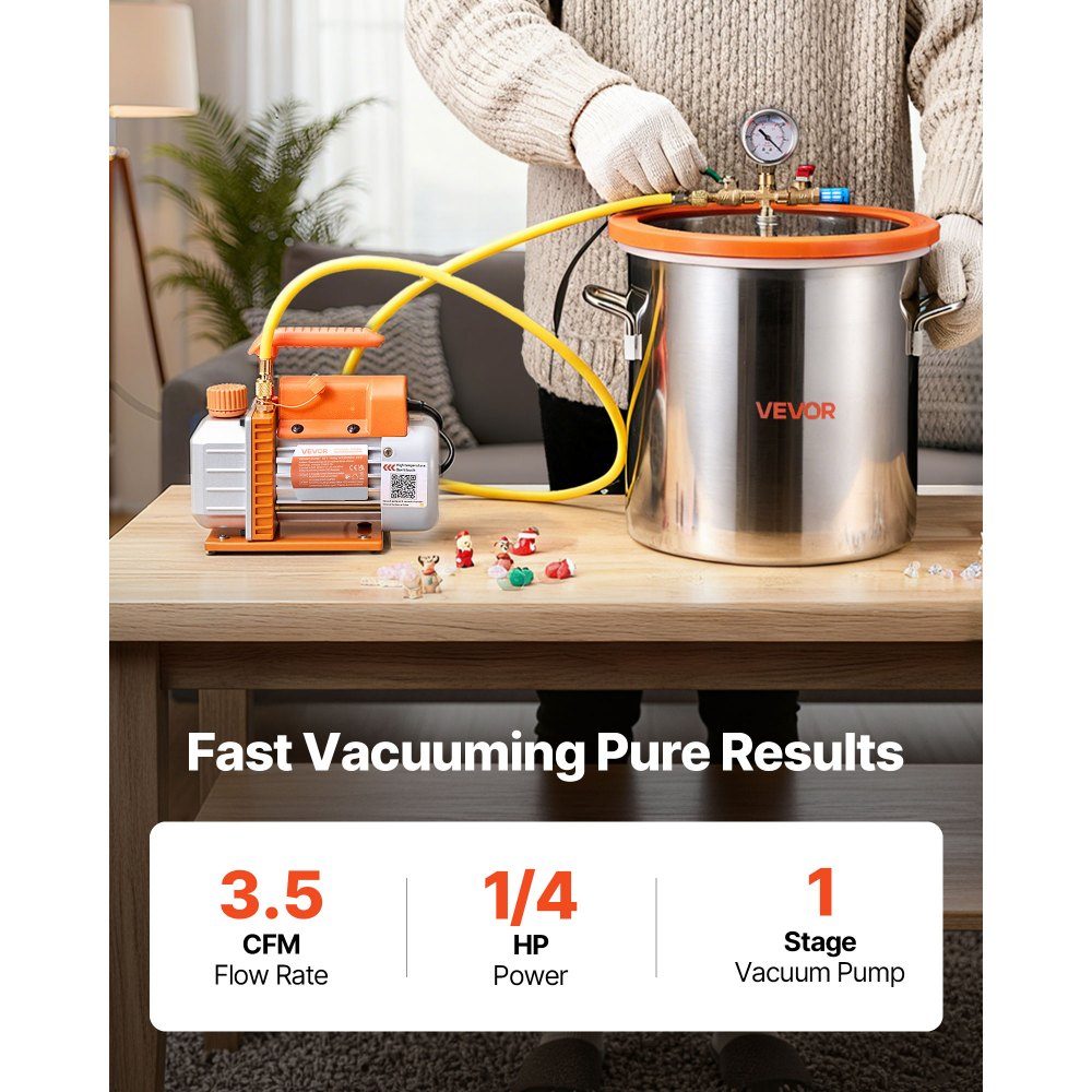 Vakuumpumpe mit 18,9 l Vakuumkammer, 3,5 CFM 99 l/min, 180 W, 1-stufige Vakuumpumpe, Vakuumpumpen-Set, 1,5 m Schlauch, zum Stabilisieren von Holz und Entgasen von Silikonharz