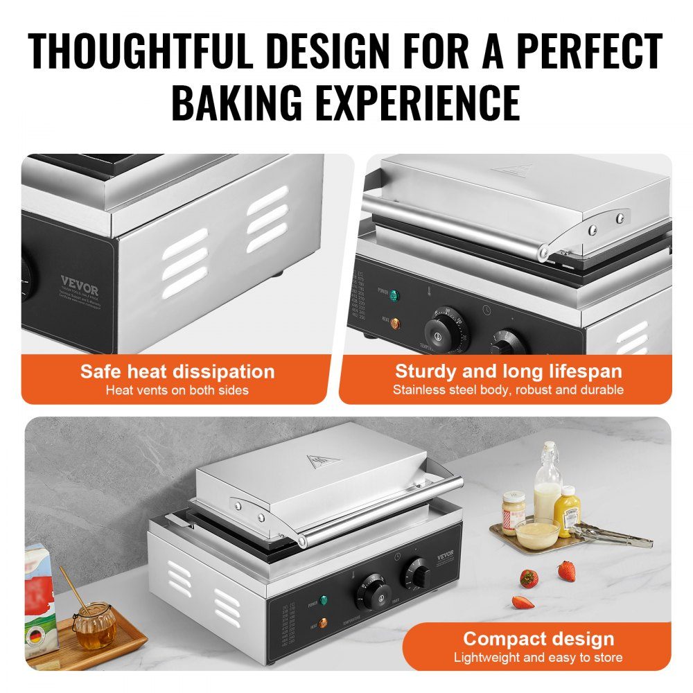 Commercial Waffle Iron Waffle Maker 6pcs 1500W Non-Stick Stainless Steel Corn Hot Dog Waffle Maker with Temperature and Time Control for Restaurant Bakery Snack Bar Family