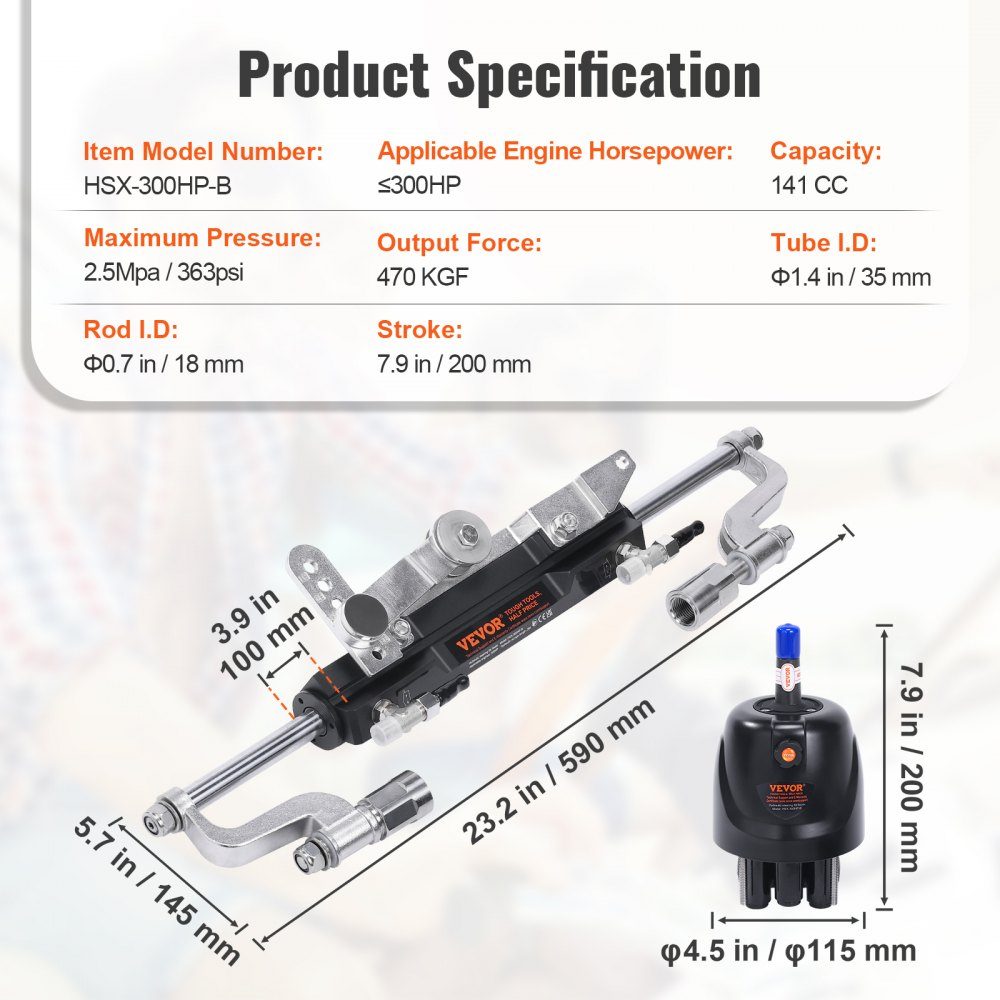 Zestaw hydraulicznego układu kierowniczego do silnika zaburtowego Hydrauliczny układ sterowania łodzią morską o mocy 300 KM z pompą sterującą, dwukierunkowym cylindrem blokującym i hydraulicznym wężem sterującym o długości 8 m do łodzi jednostanowiskowych