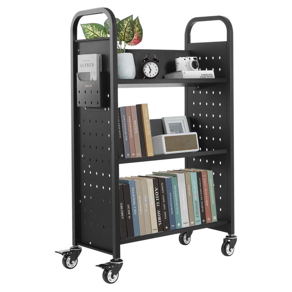Book Trolley 150kg Load Capacity Library Trolley 77 x 38 x 122cm Single Sided V Shaped Bookshelf with Double Brake Wheels Bookshelf Trolley for Living Room Office School Black